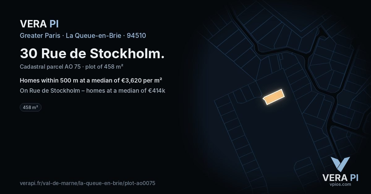 30 Rue de Stockholm, La Queue-en-Brie at night – the plot lit, the parcels around coloured by the prices near them