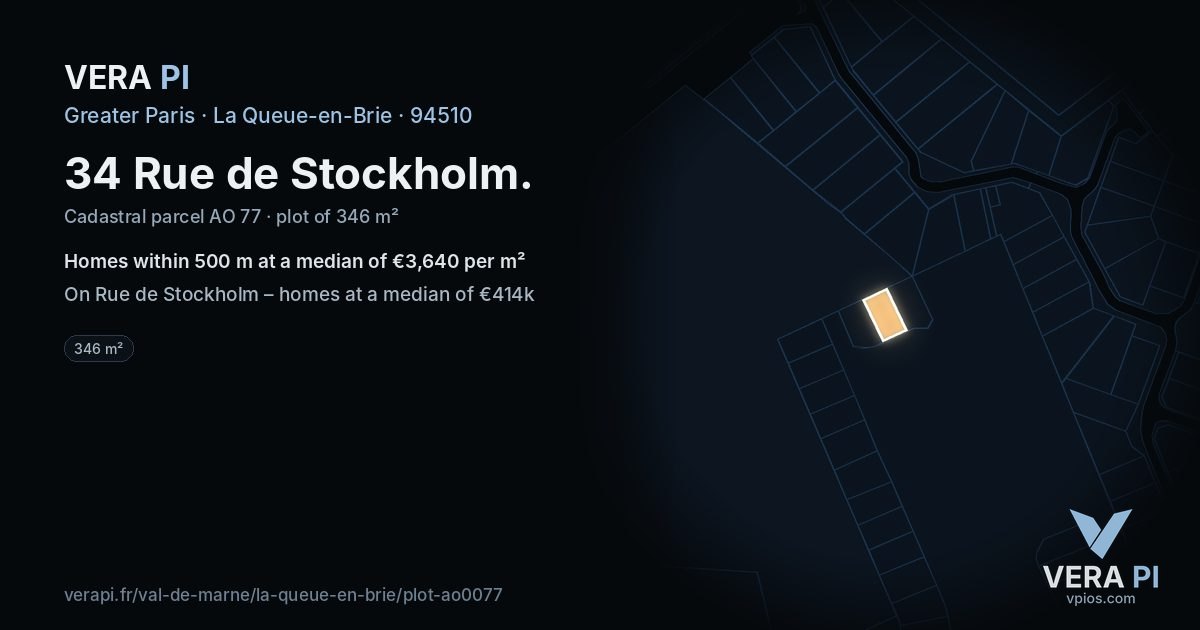 34 Rue de Stockholm, La Queue-en-Brie at night – the plot lit, the parcels around coloured by the prices near them