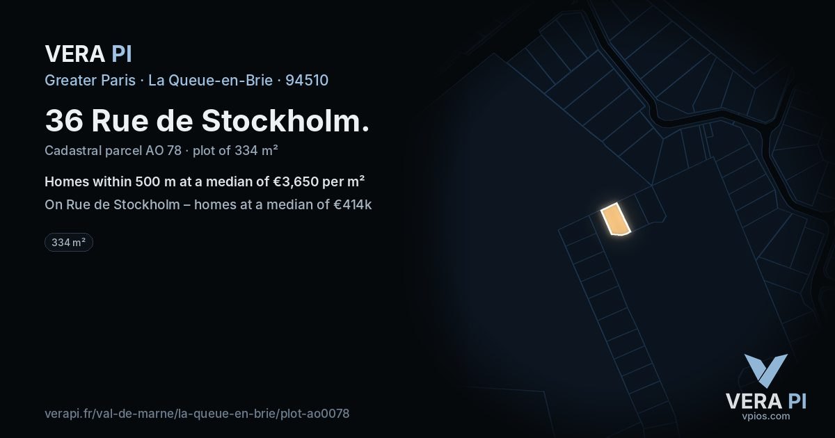 36 Rue de Stockholm, La Queue-en-Brie at night – the plot lit, the parcels around coloured by the prices near them