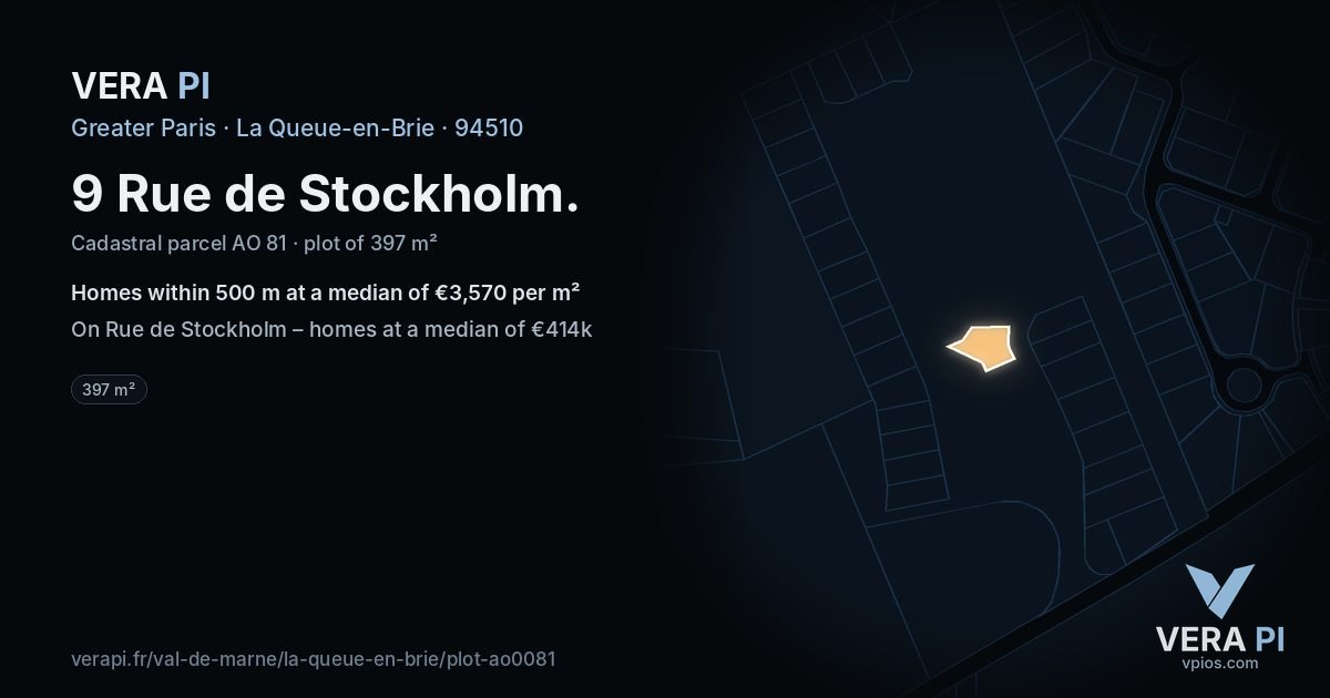 9 Rue de Stockholm, La Queue-en-Brie at night – the plot lit, the parcels around coloured by the prices near them