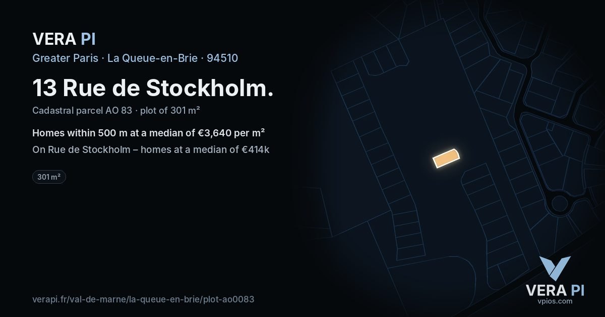 13 Rue de Stockholm, La Queue-en-Brie at night – the plot lit, the parcels around coloured by the prices near them