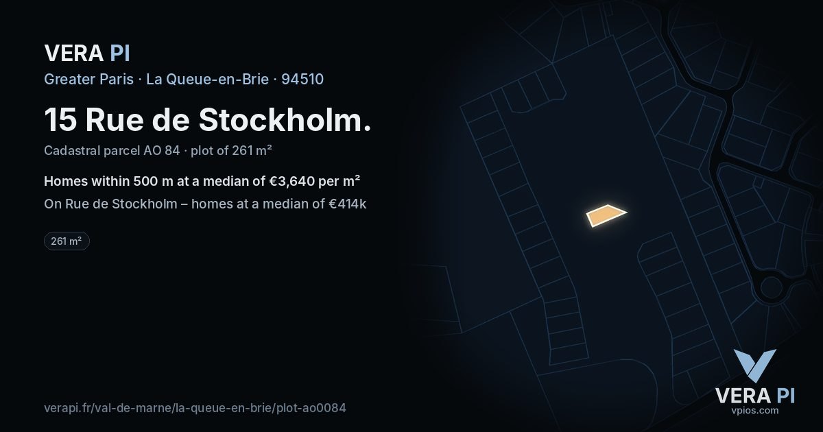 15 Rue de Stockholm, La Queue-en-Brie at night – the plot lit, the parcels around coloured by the prices near them
