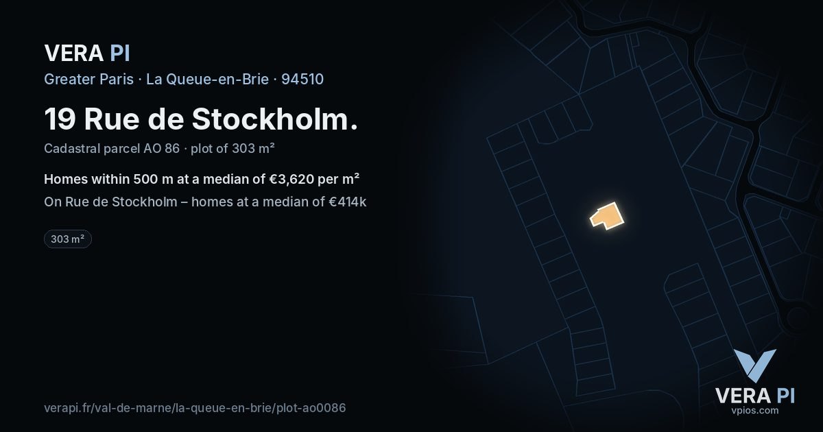 19 Rue de Stockholm, La Queue-en-Brie at night – the plot lit, the parcels around coloured by the prices near them