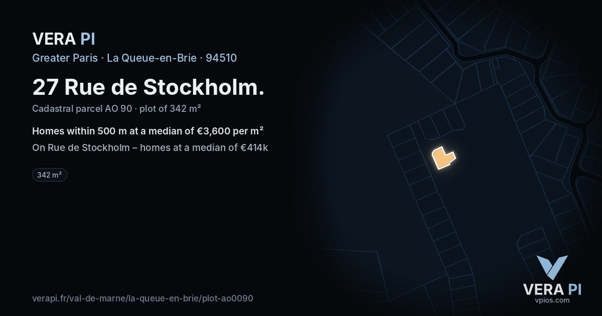 27 Rue de Stockholm, La Queue-en-Brie at night – the plot lit, the parcels around coloured by the prices near them