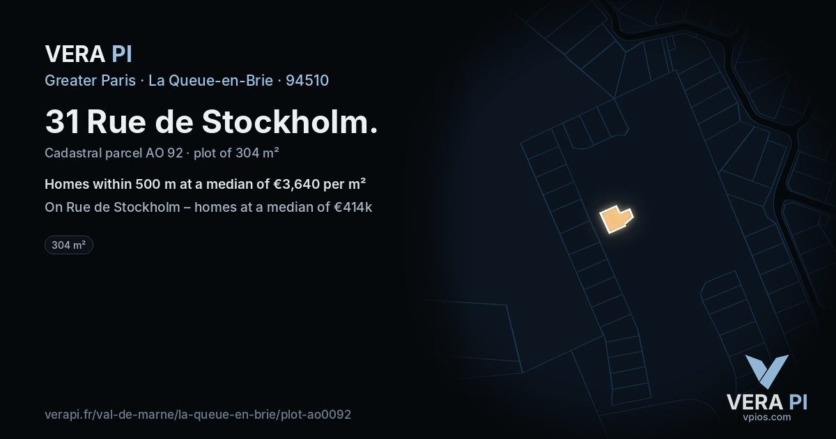 31 Rue de Stockholm, La Queue-en-Brie at night – the plot lit, the parcels around coloured by the prices near them