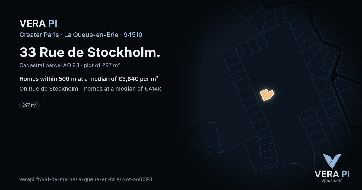 33 Rue de Stockholm, La Queue-en-Brie at night – the plot lit, the parcels around coloured by the prices near them
