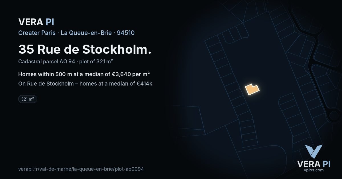 35 Rue de Stockholm, La Queue-en-Brie at night – the plot lit, the parcels around coloured by the prices near them
