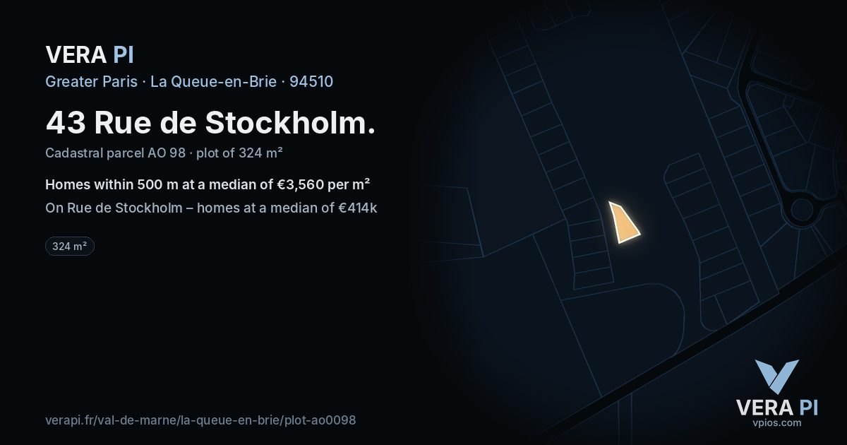 43 Rue de Stockholm, La Queue-en-Brie at night – the plot lit, the parcels around coloured by the prices near them