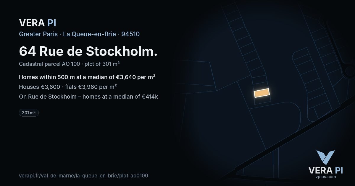 64 Rue de Stockholm, La Queue-en-Brie at night – the plot lit, the parcels around coloured by the prices near them