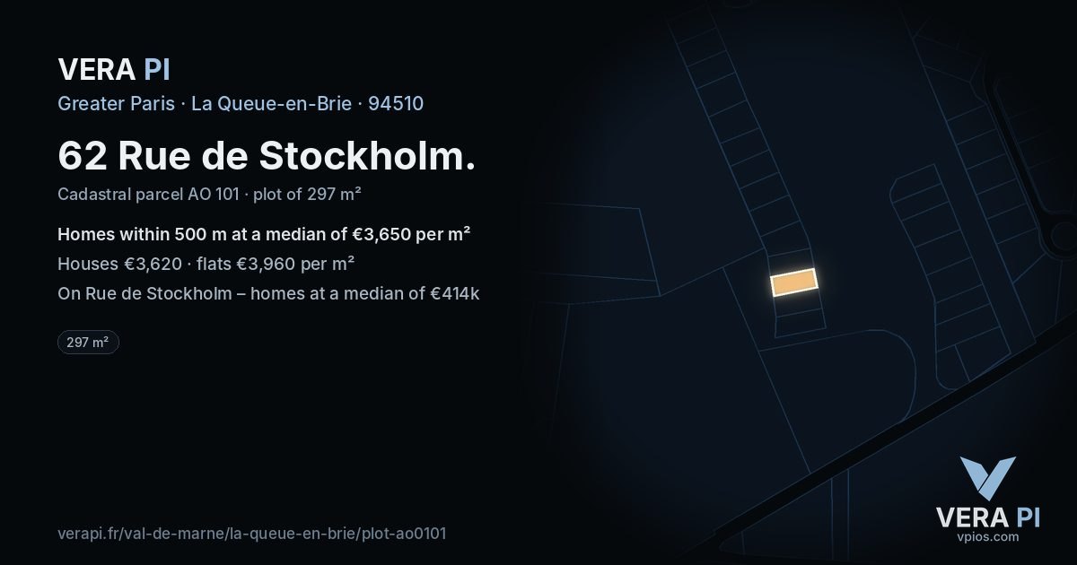 62 Rue de Stockholm, La Queue-en-Brie at night – the plot lit, the parcels around coloured by the prices near them