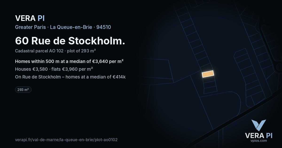 60 Rue de Stockholm, La Queue-en-Brie at night – the plot lit, the parcels around coloured by the prices near them