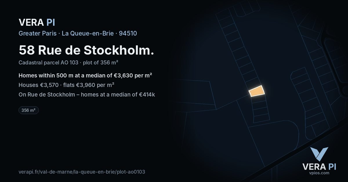 58 Rue de Stockholm, La Queue-en-Brie at night – the plot lit, the parcels around coloured by the prices near them