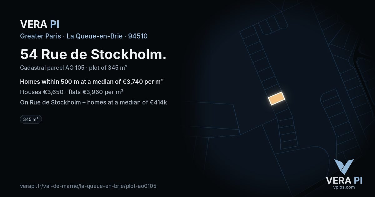54 Rue de Stockholm, La Queue-en-Brie at night – the plot lit, the parcels around coloured by the prices near them