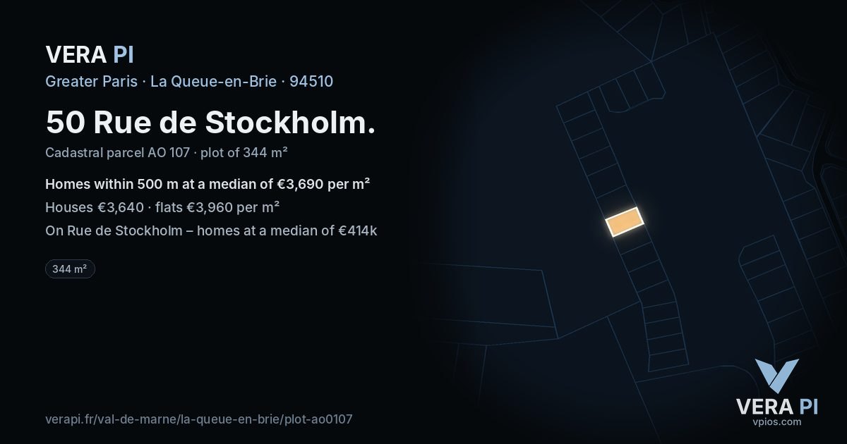 50 Rue de Stockholm, La Queue-en-Brie at night – the plot lit, the parcels around coloured by the prices near them