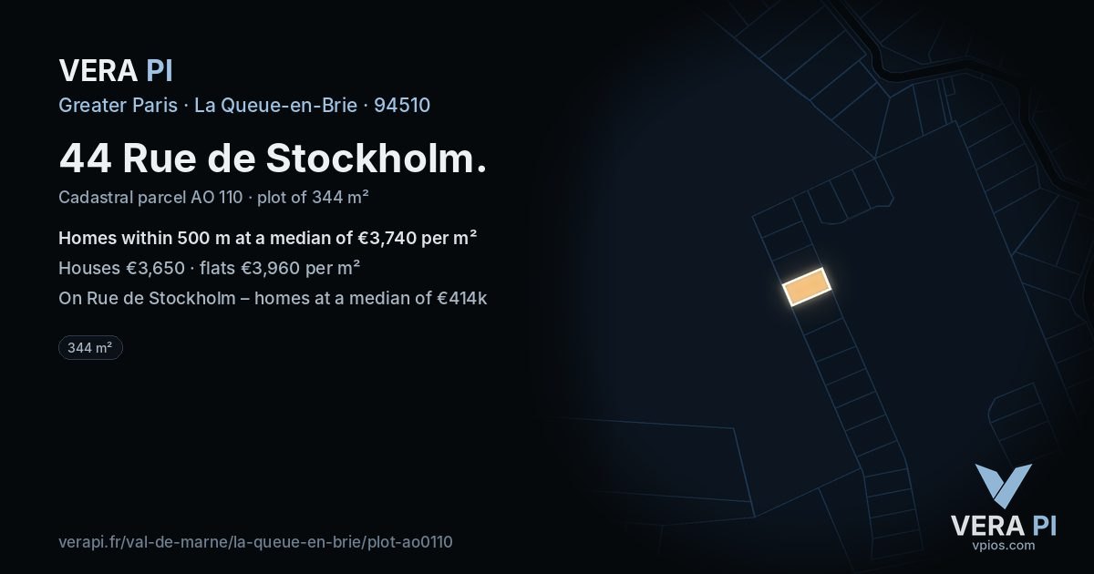 44 Rue de Stockholm, La Queue-en-Brie at night – the plot lit, the parcels around coloured by the prices near them