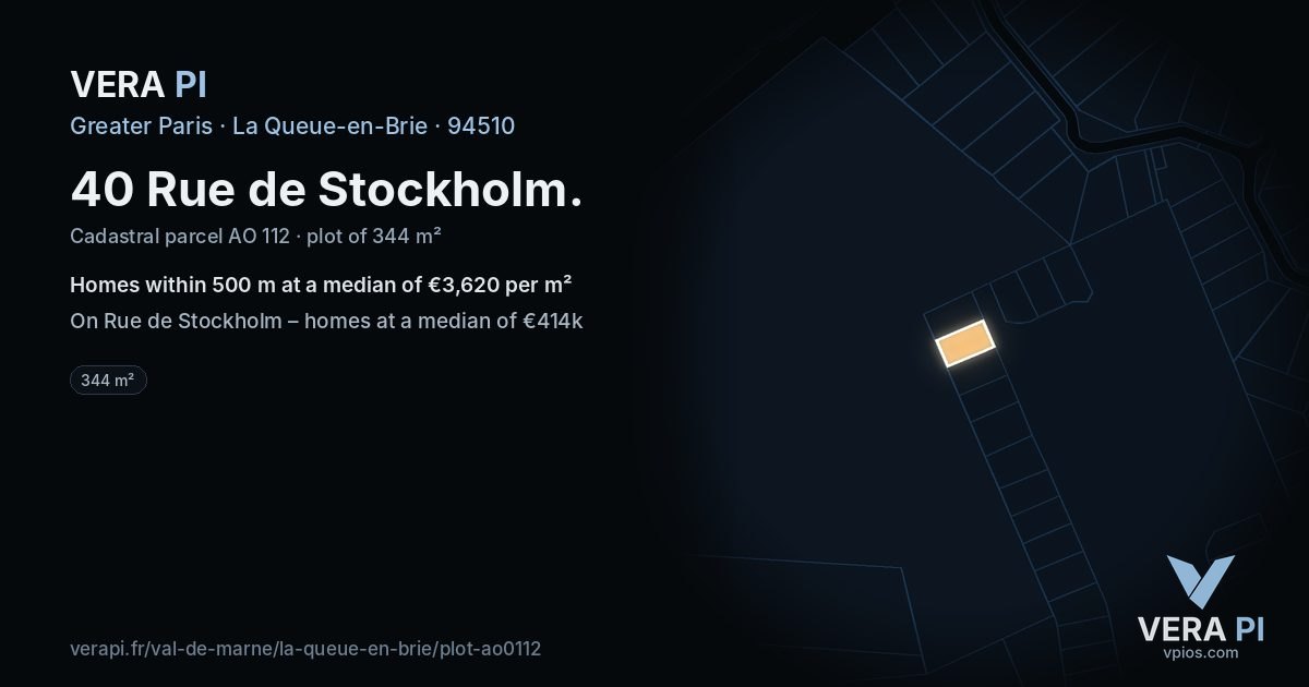 40 Rue de Stockholm, La Queue-en-Brie at night – the plot lit, the parcels around coloured by the prices near them
