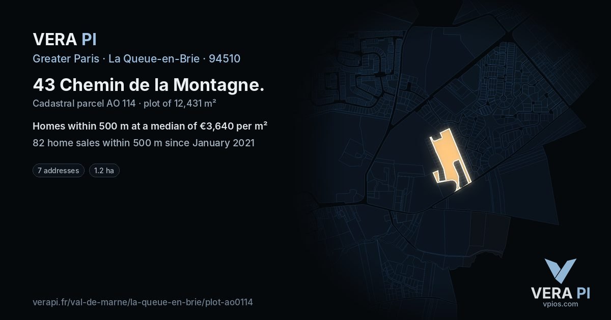 43 Chemin de la Montagne, La Queue-en-Brie at night – the plot lit, the parcels around coloured by the prices near them