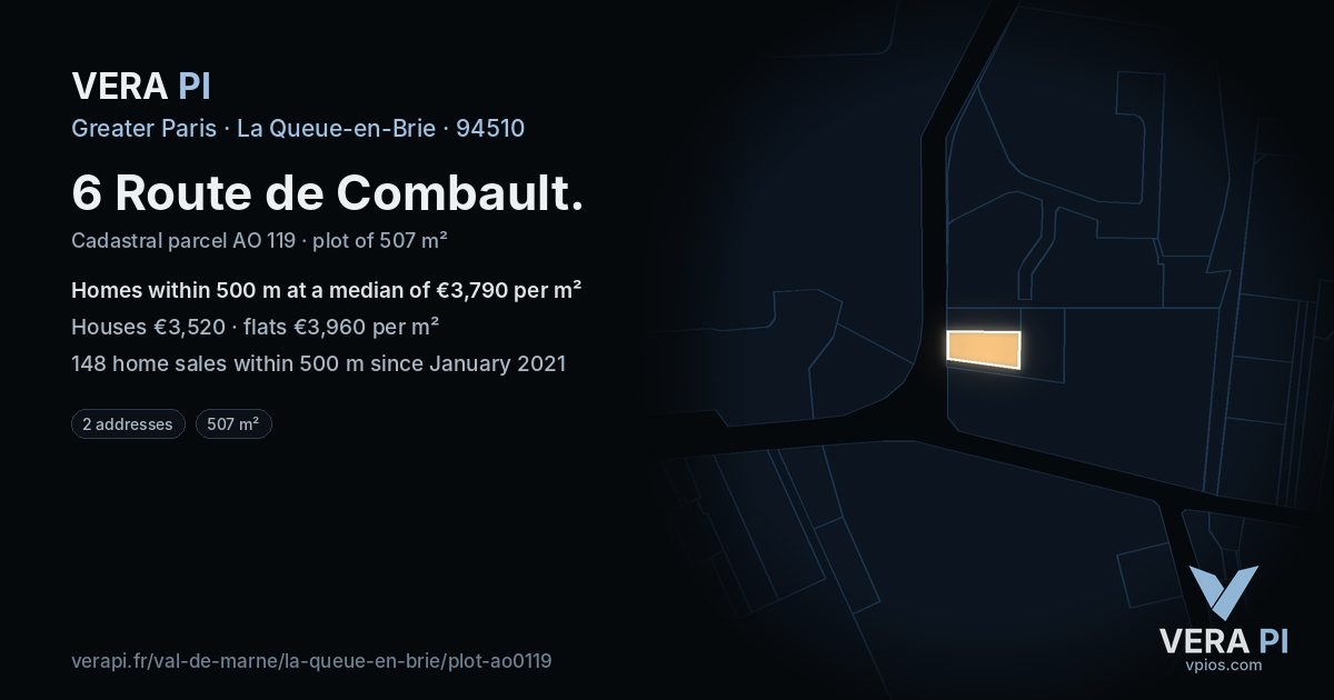 6 Route de Combault, La Queue-en-Brie at night – the plot lit, the parcels around coloured by the prices near them