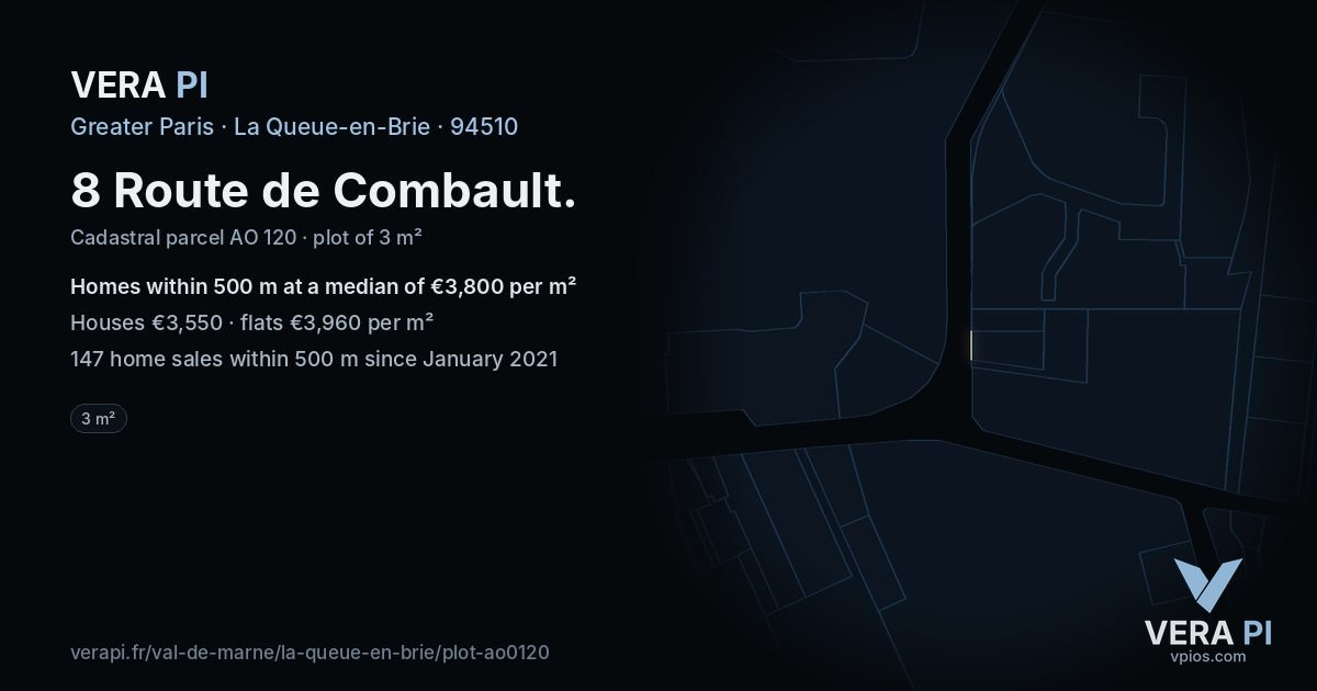 8 Route de Combault, La Queue-en-Brie at night – the plot lit, the parcels around coloured by the prices near them