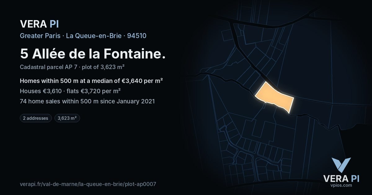 5 Allée de la Fontaine, La Queue-en-Brie at night – the plot lit, the parcels around coloured by the prices near them