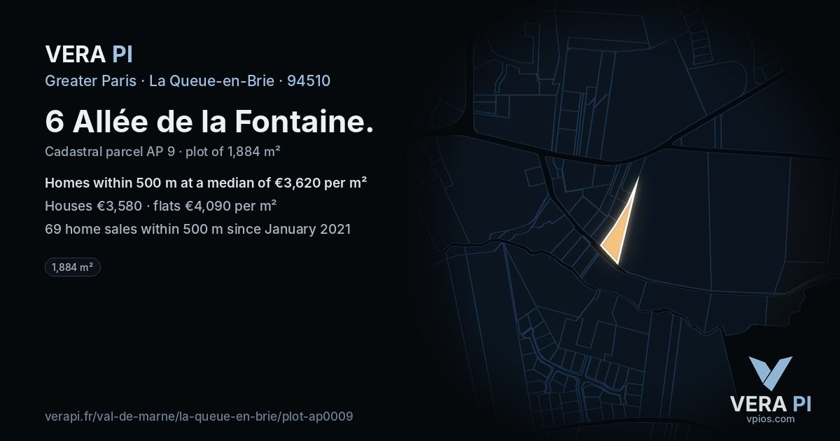 6 Allée de la Fontaine, La Queue-en-Brie at night – the plot lit, the parcels around coloured by the prices near them