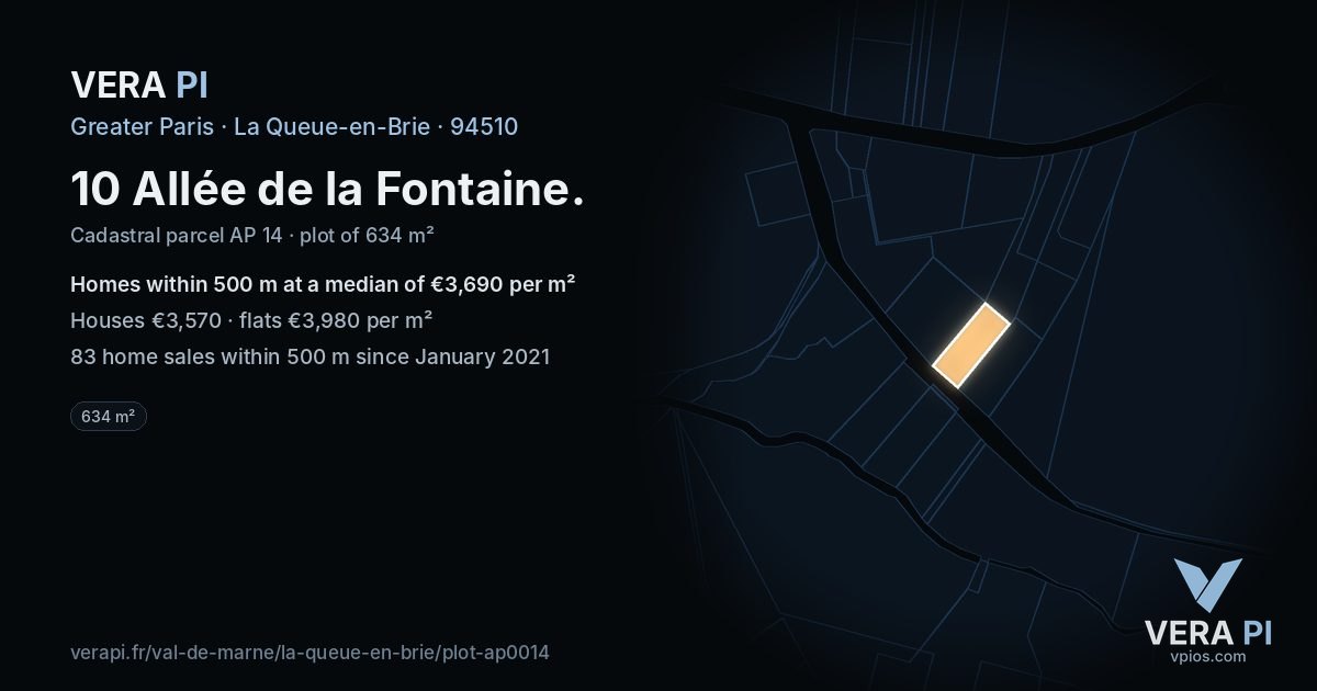 10 Allée de la Fontaine, La Queue-en-Brie at night – the plot lit, the parcels around coloured by the prices near them