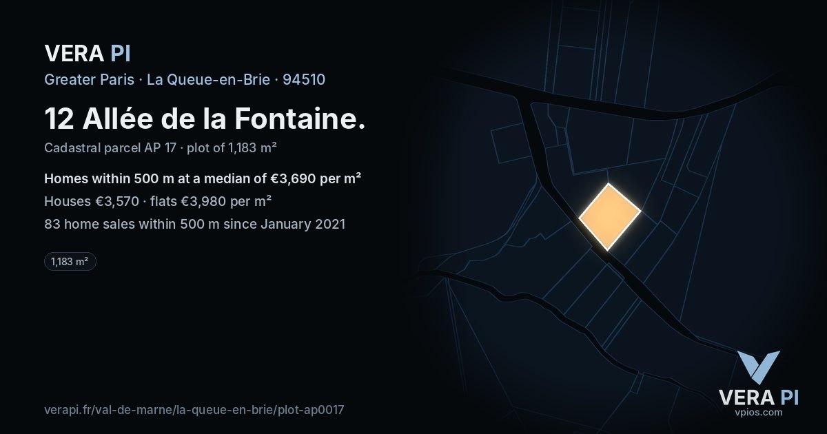 12 Allée de la Fontaine, La Queue-en-Brie at night – the plot lit, the parcels around coloured by the prices near them