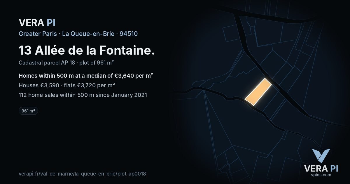 13 Allée de la Fontaine, La Queue-en-Brie at night – the plot lit, the parcels around coloured by the prices near them