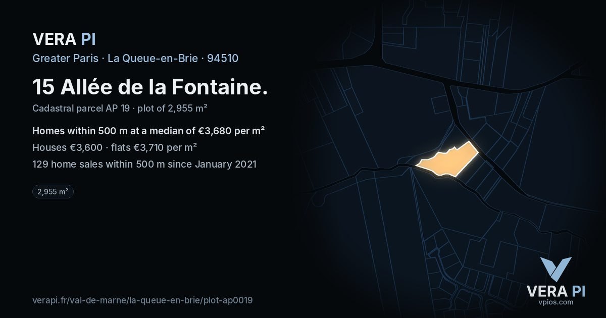 15 Allée de la Fontaine, La Queue-en-Brie at night – the plot lit, the parcels around coloured by the prices near them