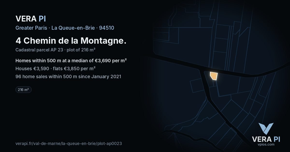 4 Chemin de la Montagne, La Queue-en-Brie at night – the plot lit, the parcels around coloured by the prices near them