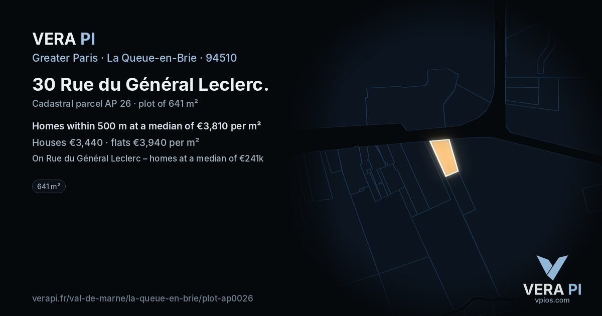 30 Rue du Général Leclerc, La Queue-en-Brie at night – the plot lit, the parcels around coloured by the prices near them