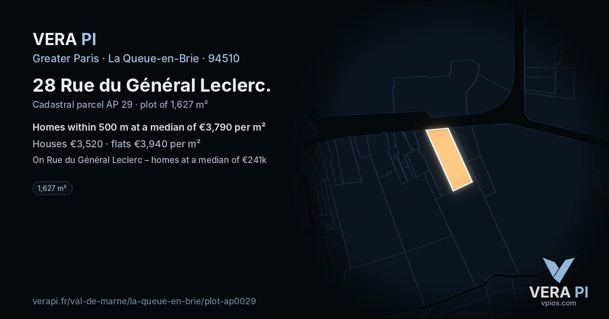 28 Rue du Général Leclerc, La Queue-en-Brie at night – the plot lit, the parcels around coloured by the prices near them