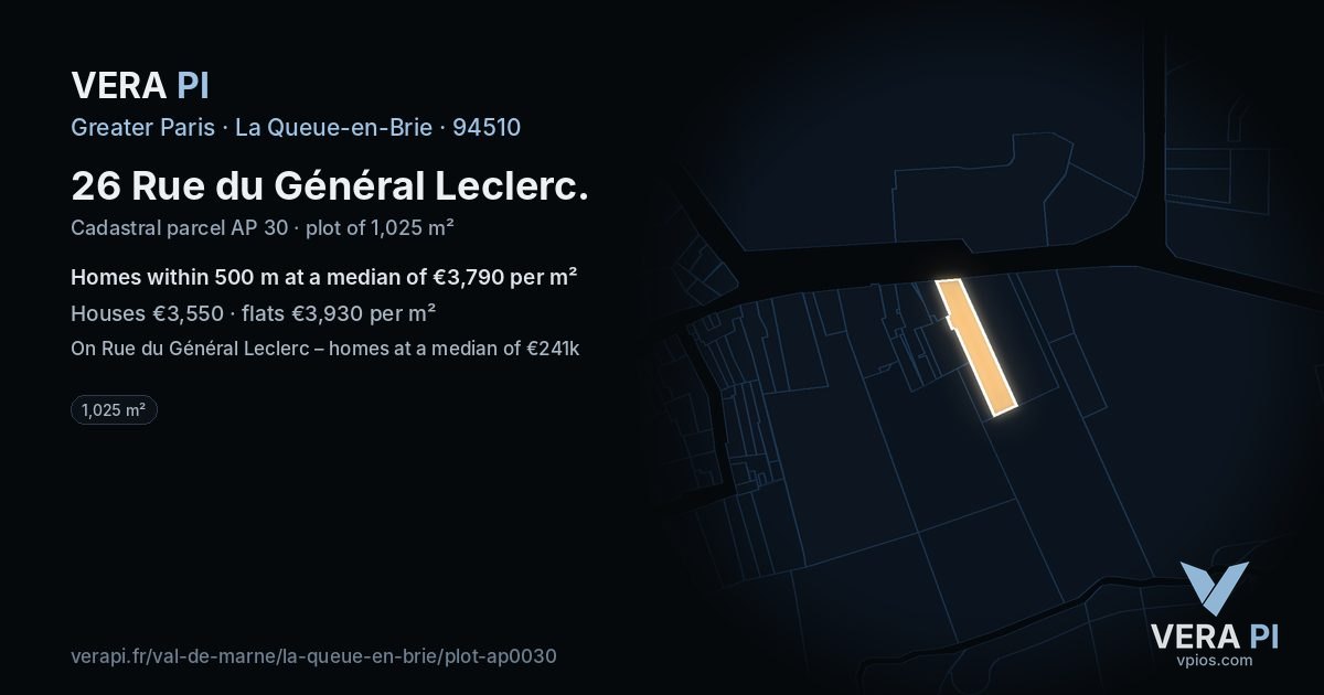 26 Rue du Général Leclerc, La Queue-en-Brie at night – the plot lit, the parcels around coloured by the prices near them