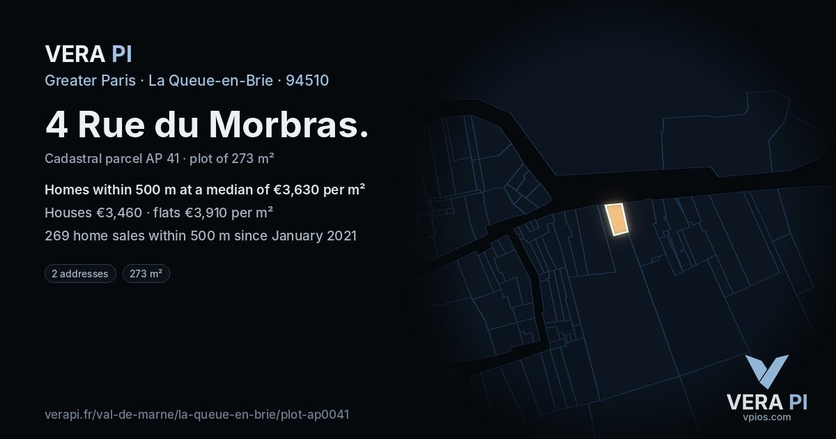 4 Rue du Morbras, La Queue-en-Brie at night – the plot lit, the parcels around coloured by the prices near them