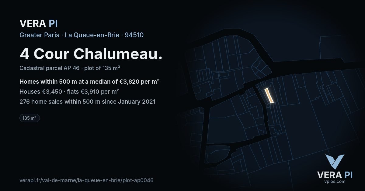 4 Cour Chalumeau, La Queue-en-Brie at night – the plot lit, the parcels around coloured by the prices near them