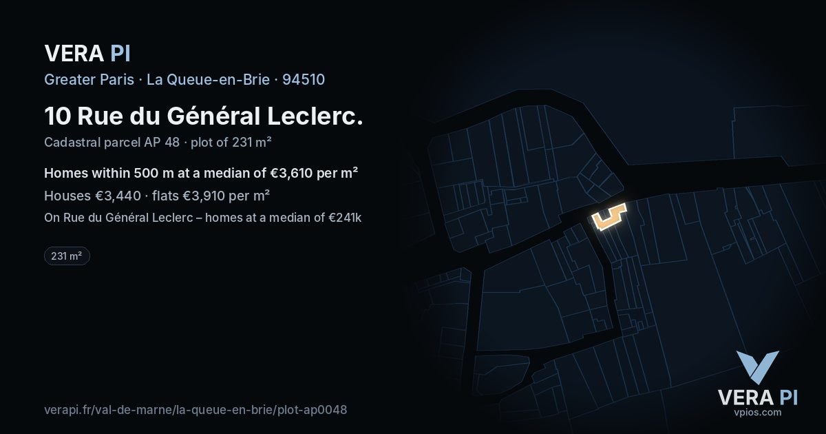 10 Rue du Général Leclerc, La Queue-en-Brie at night – the plot lit, the parcels around coloured by the prices near them