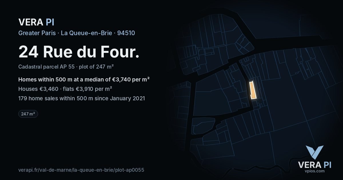 24 Rue du Four, La Queue-en-Brie at night – the plot lit, the parcels around coloured by the prices near them