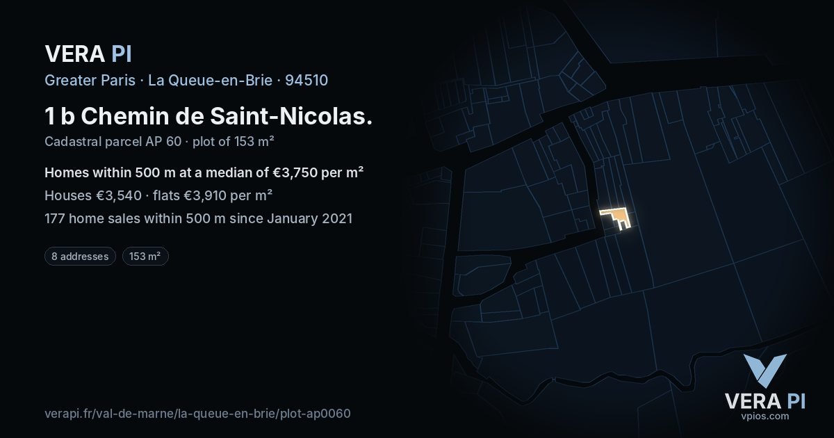1 b Chemin de Saint-Nicolas, La Queue-en-Brie at night – the plot lit, the parcels around coloured by the prices near them
