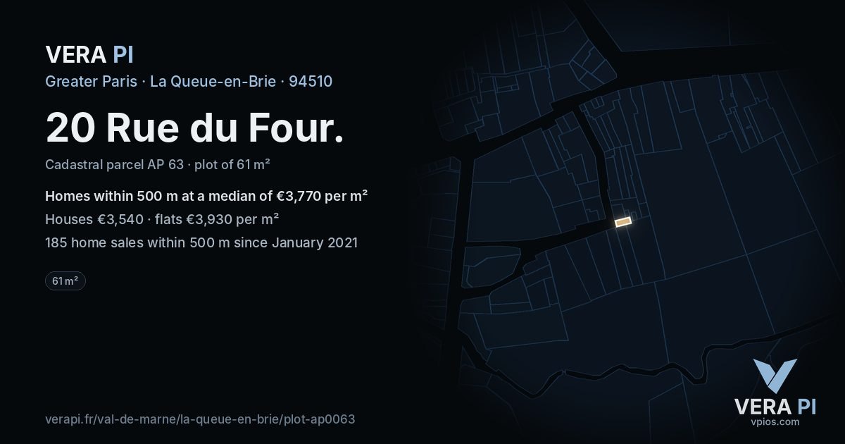 20 Rue du Four, La Queue-en-Brie at night – the plot lit, the parcels around coloured by the prices near them