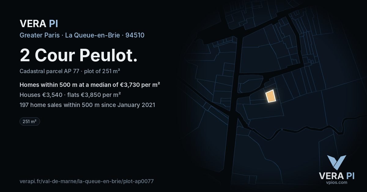 2 Cour Peulot, La Queue-en-Brie at night – the plot lit, the parcels around coloured by the prices near them