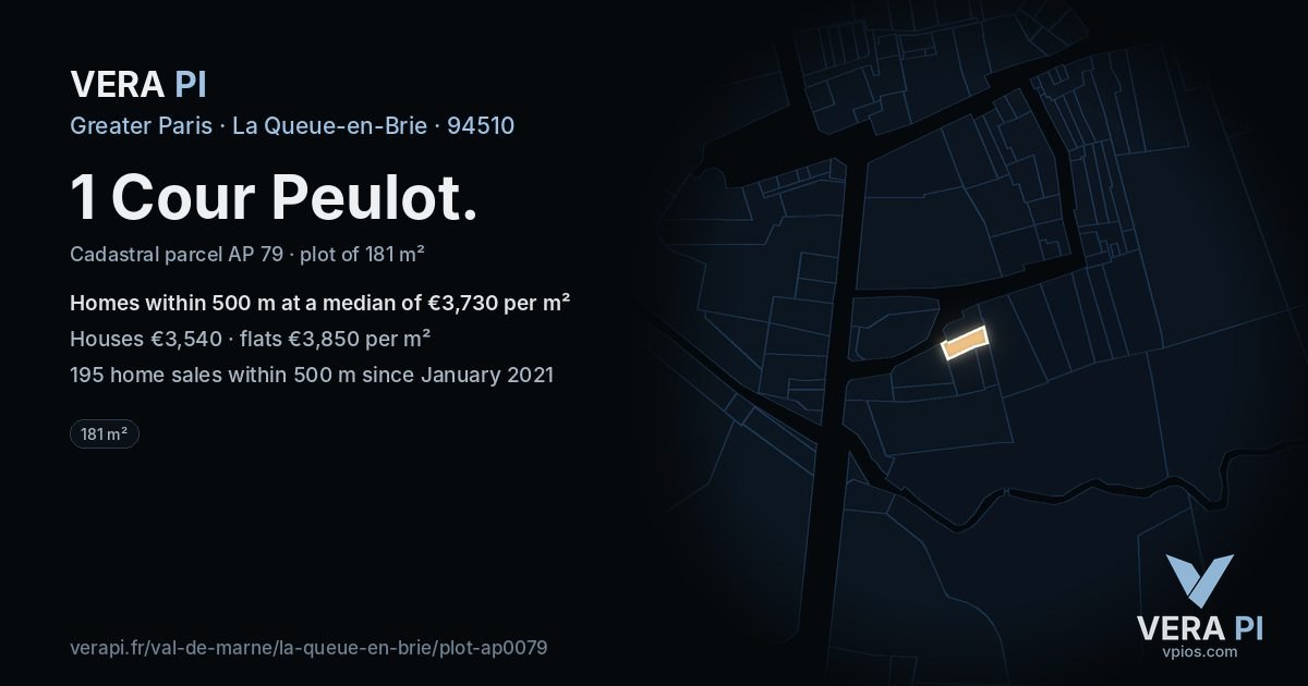 1 Cour Peulot, La Queue-en-Brie at night – the plot lit, the parcels around coloured by the prices near them
