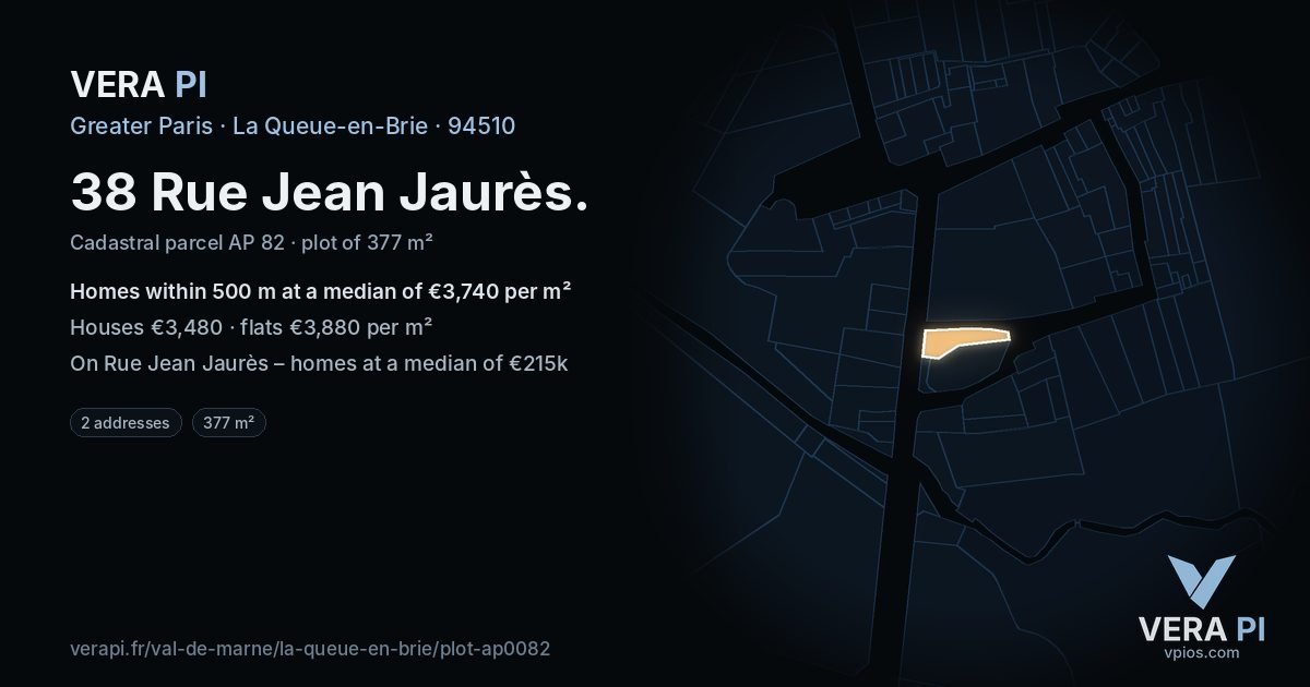 38 Rue Jean Jaurès, La Queue-en-Brie at night – the plot lit, the parcels around coloured by the prices near them