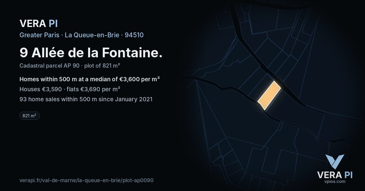9 Allée de la Fontaine, La Queue-en-Brie at night – the plot lit, the parcels around coloured by the prices near them