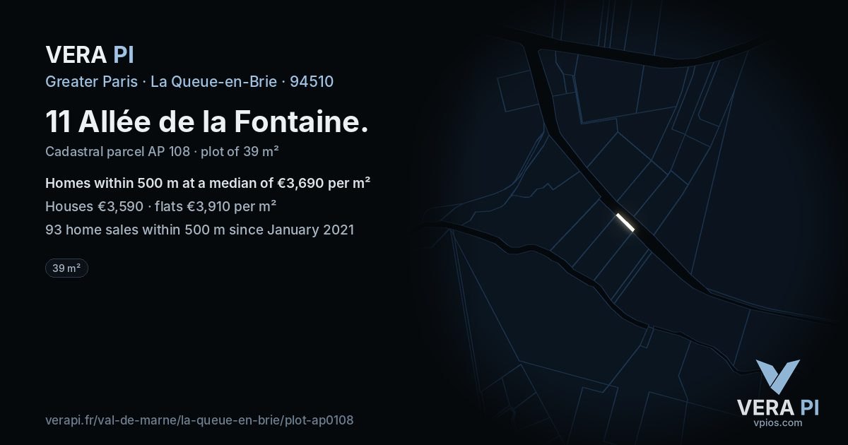 11 Allée de la Fontaine, La Queue-en-Brie at night – the plot lit, the parcels around coloured by the prices near them