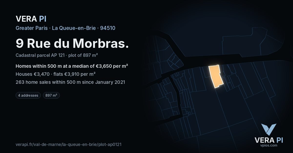 9 Rue du Morbras, La Queue-en-Brie at night – the plot lit, the parcels around coloured by the prices near them