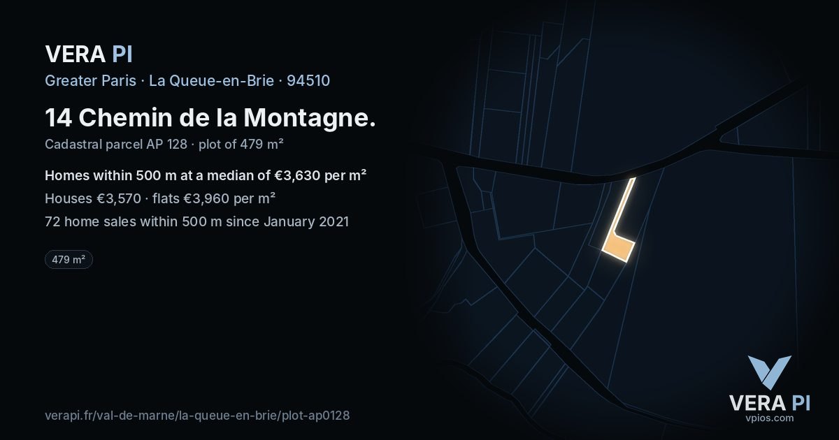 14 Chemin de la Montagne, La Queue-en-Brie at night – the plot lit, the parcels around coloured by the prices near them