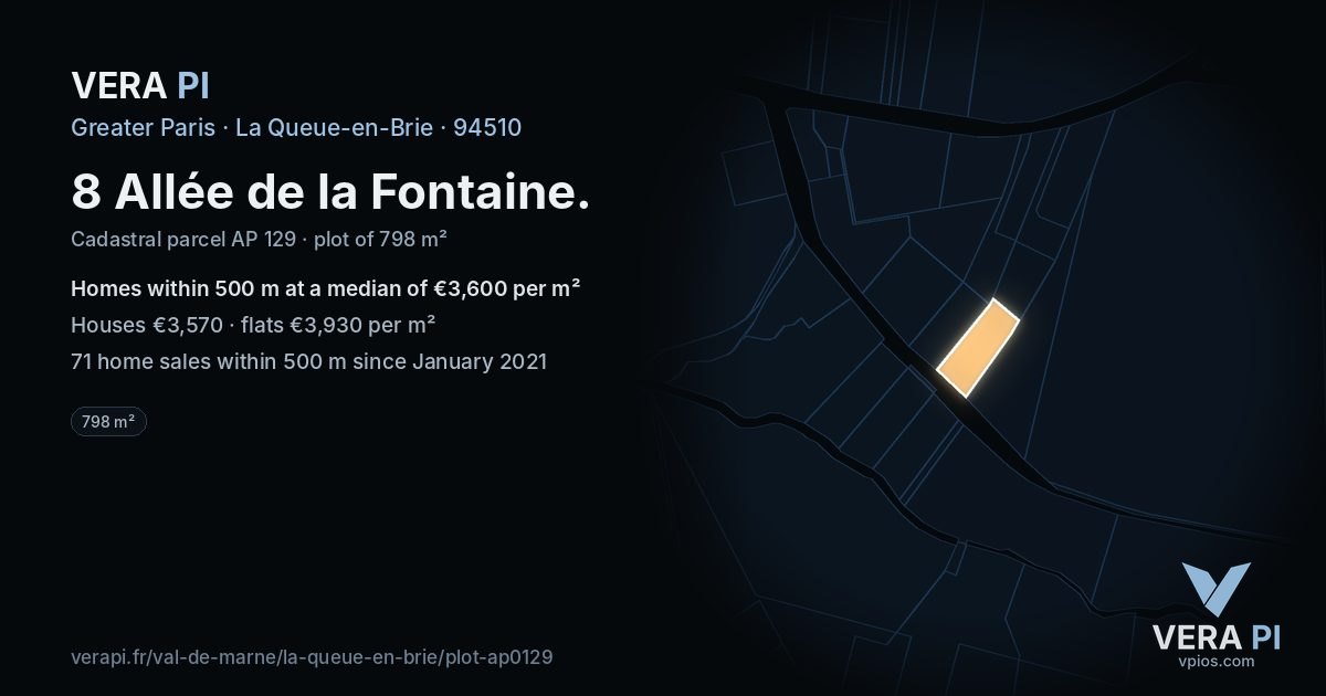 8 Allée de la Fontaine, La Queue-en-Brie at night – the plot lit, the parcels around coloured by the prices near them