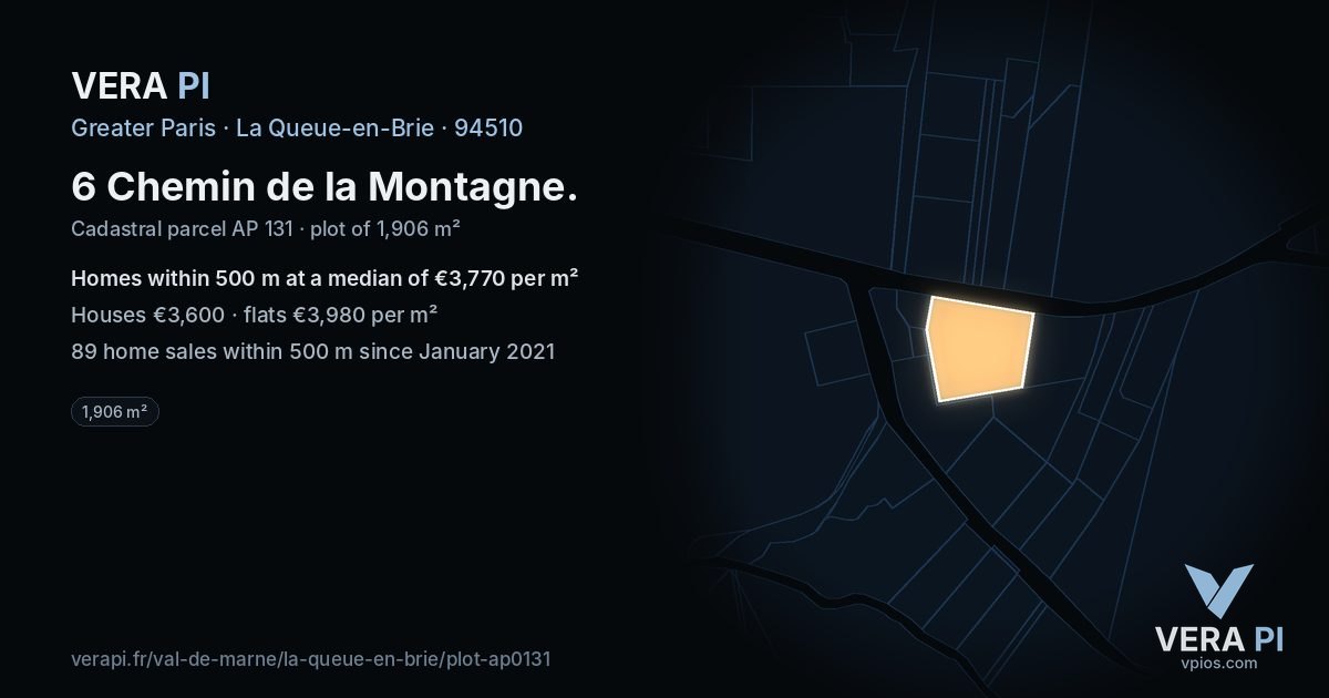 6 Chemin de la Montagne, La Queue-en-Brie at night – the plot lit, the parcels around coloured by the prices near them