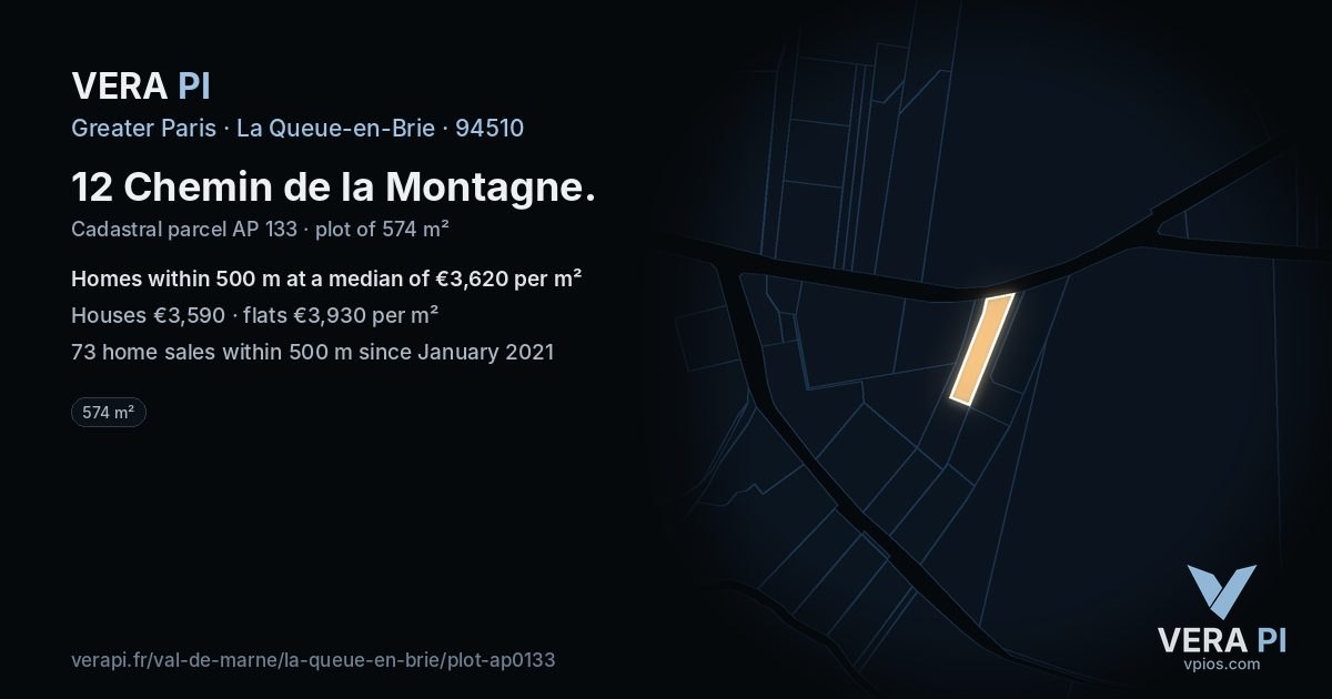 12 Chemin de la Montagne, La Queue-en-Brie at night – the plot lit, the parcels around coloured by the prices near them