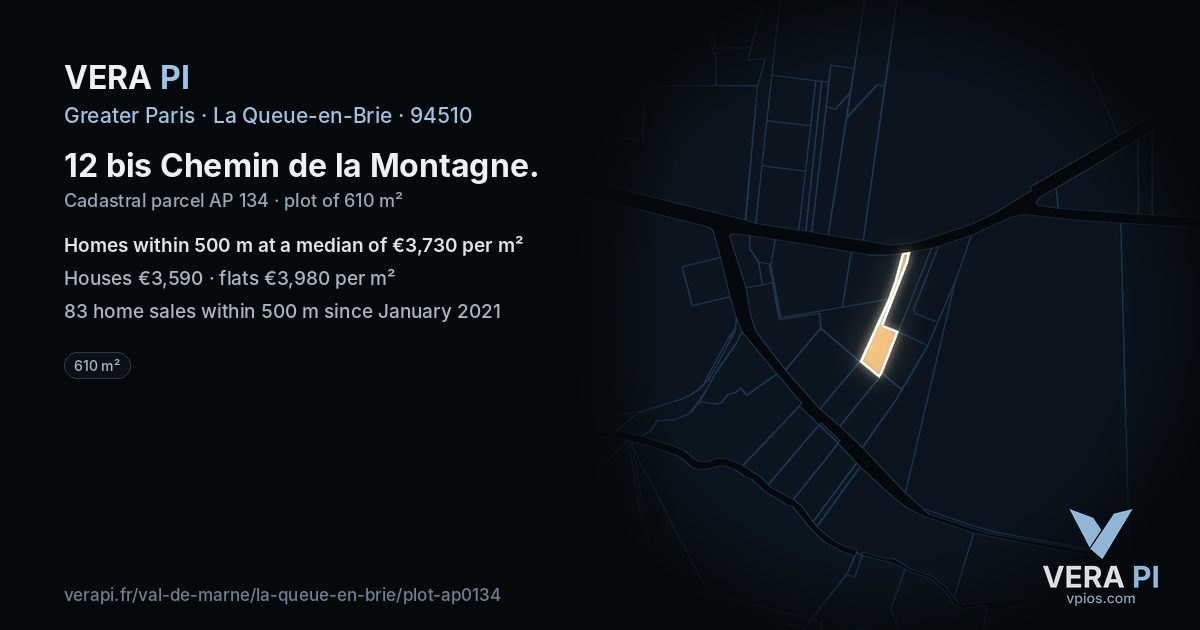 12 bis Chemin de la Montagne, La Queue-en-Brie at night – the plot lit, the parcels around coloured by the prices near them